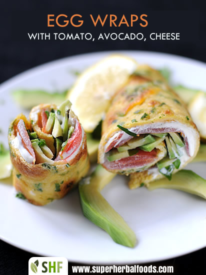 Egg Wraps with tomato, avocado and cheese